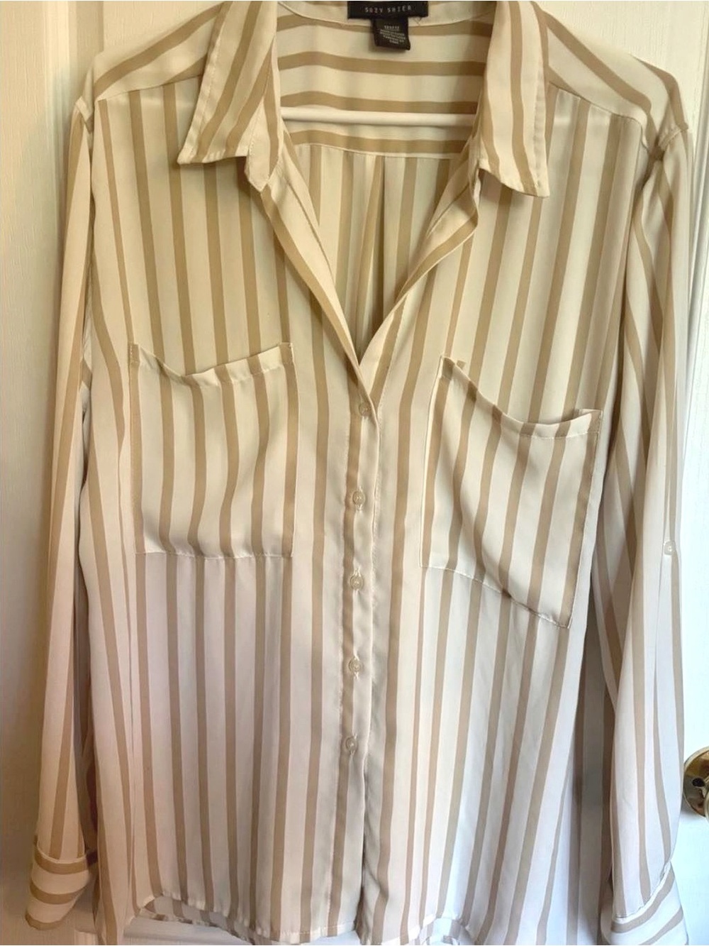 Suzy Shier oversized Cream and Beige Striped Button-Down Shirt